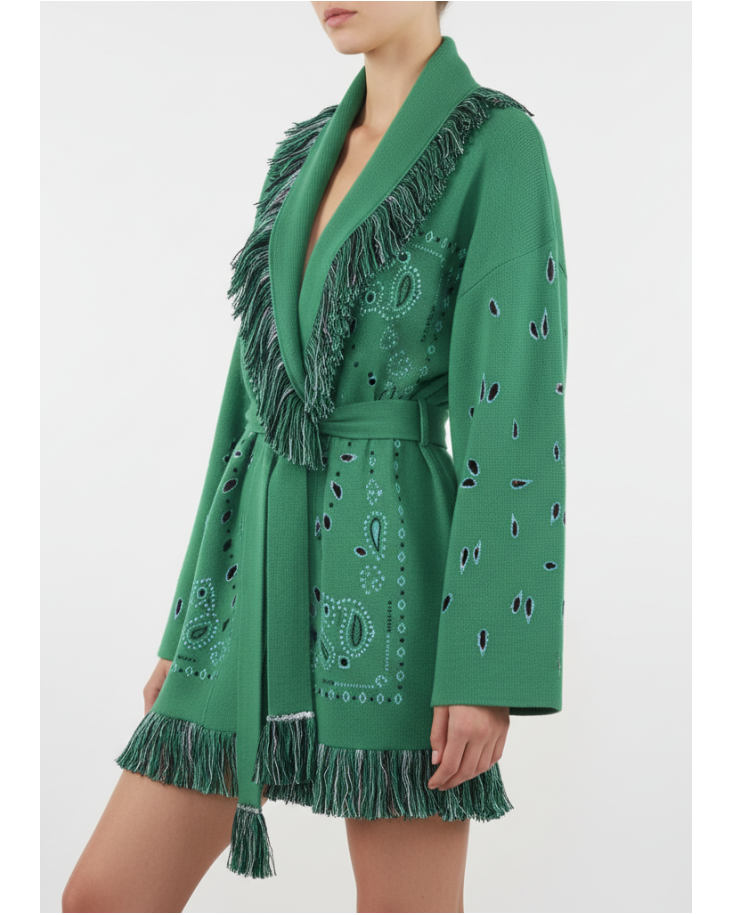 Knitted Cardigan with Belt and Tassels