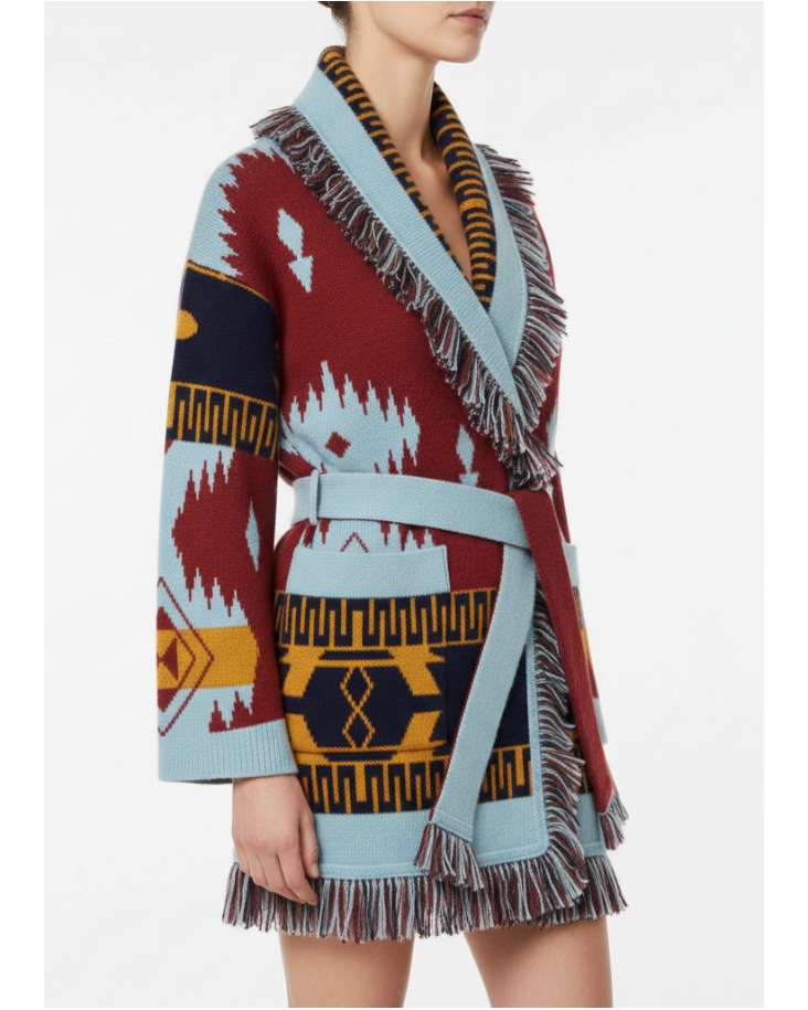 Knitted Cardigan with Belt and Tassels