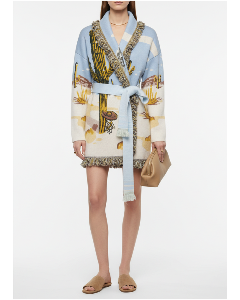 Knitted Cardigan with Belt and Tassels