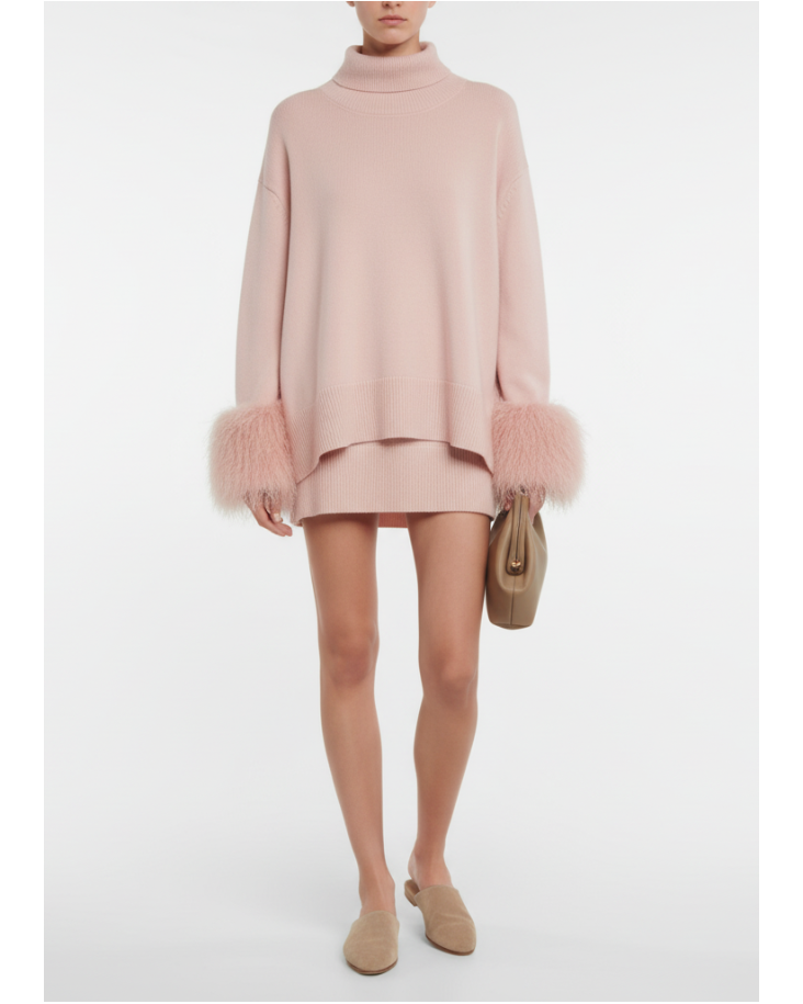 High-Neck Sweater with Real Mongolian Fur Cuffs