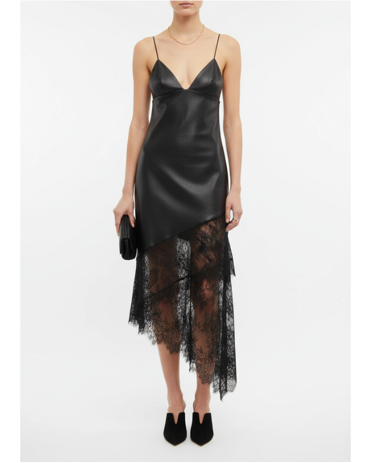 Faux Leather Midi Dress with Lace Detailing