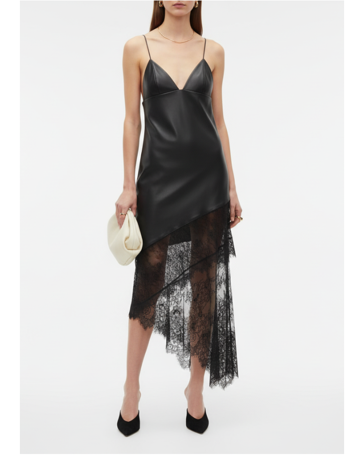 Faux Leather Midi Dress with Lace Detailing