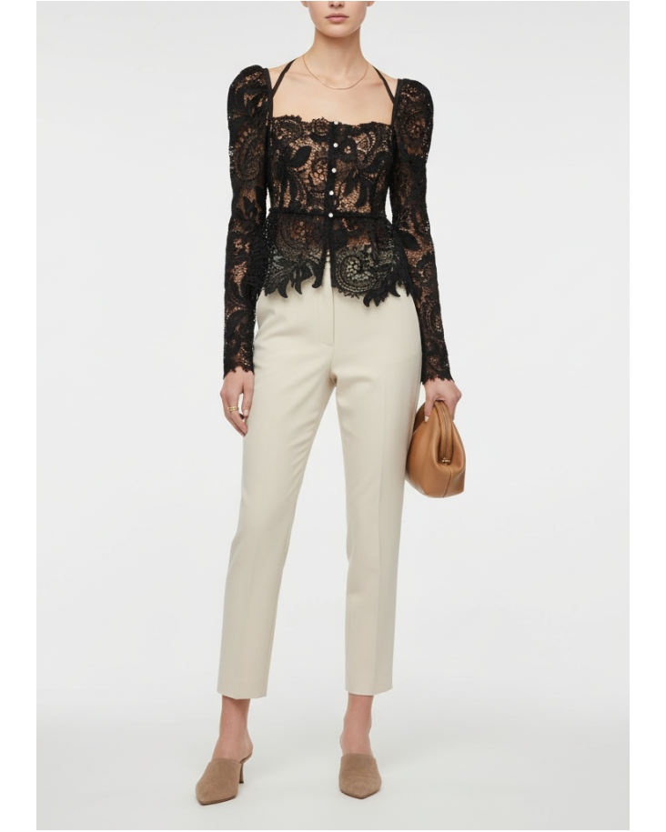 French-Style Square Neck Lace Blouse