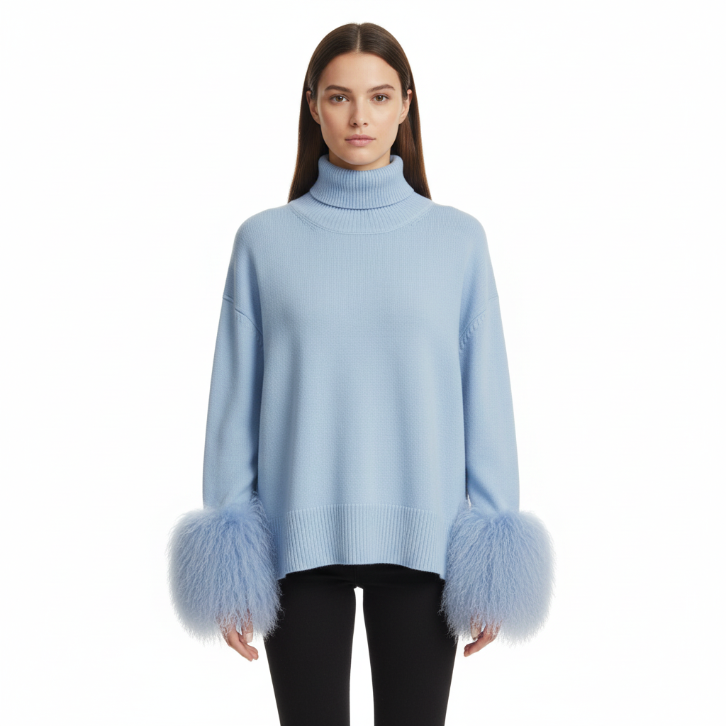 High-Neck Sweater with Real Mongolian Fur Cuffs