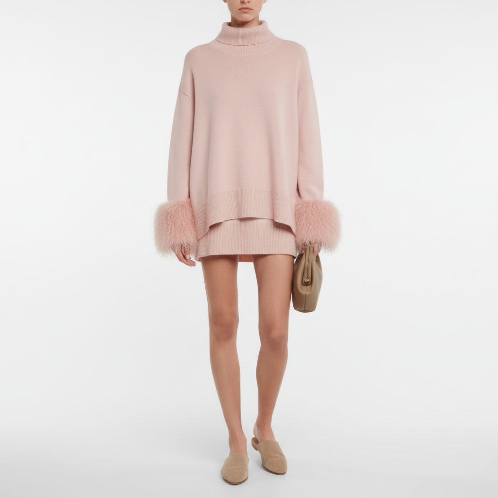 High-Neck Sweater with Real Mongolian Fur Cuffs