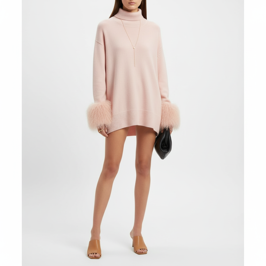 High-Neck Sweater with Real Mongolian Fur Cuffs