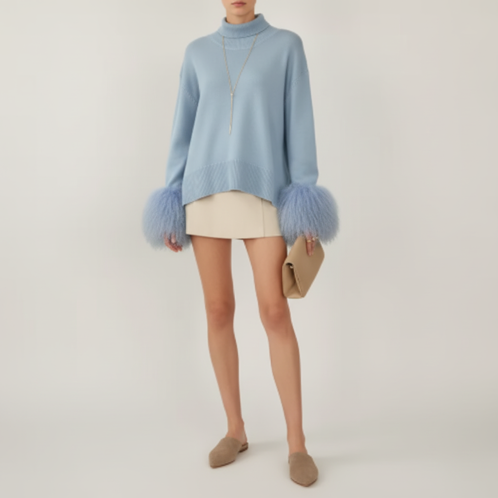 High-Neck Sweater with Real Mongolian Fur Cuffs