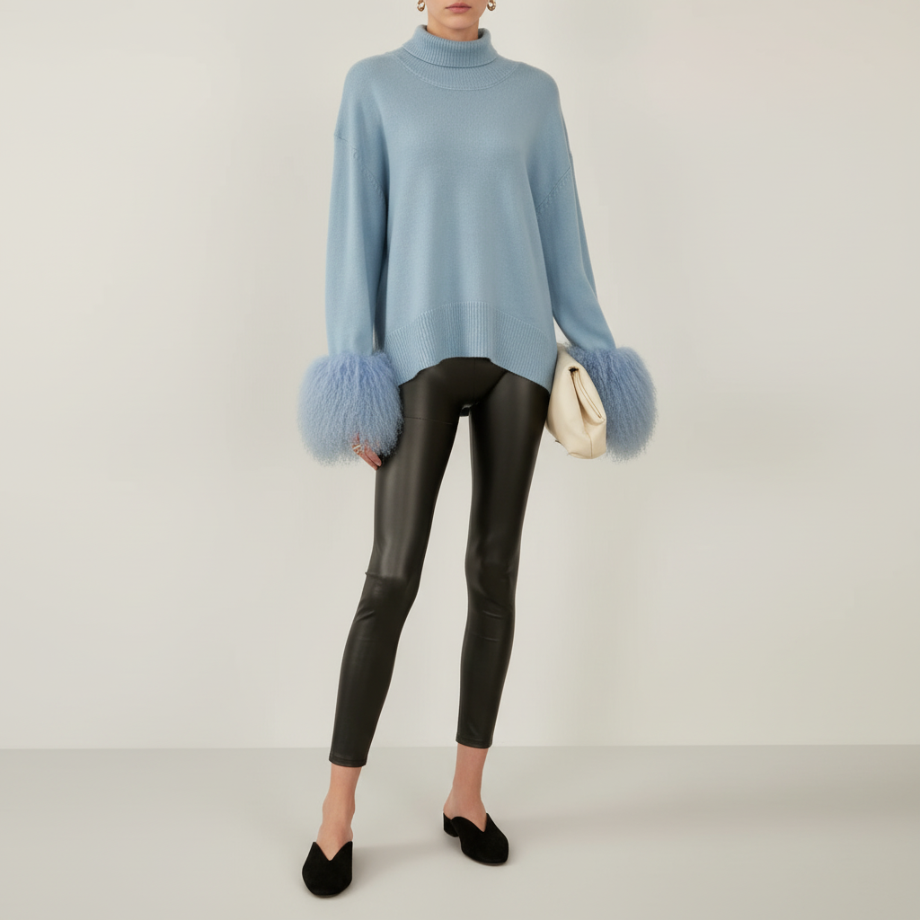 High-Neck Sweater with Real Mongolian Fur Cuffs