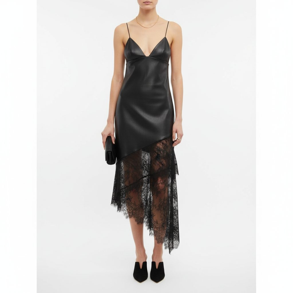 Faux Leather Midi Dress with Lace Detailing