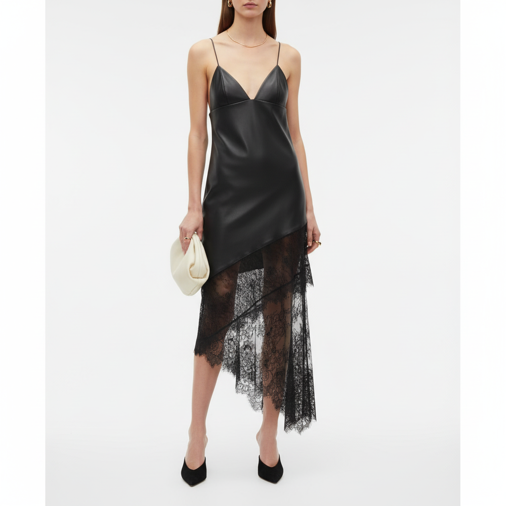 Faux Leather Midi Dress with Lace Detailing