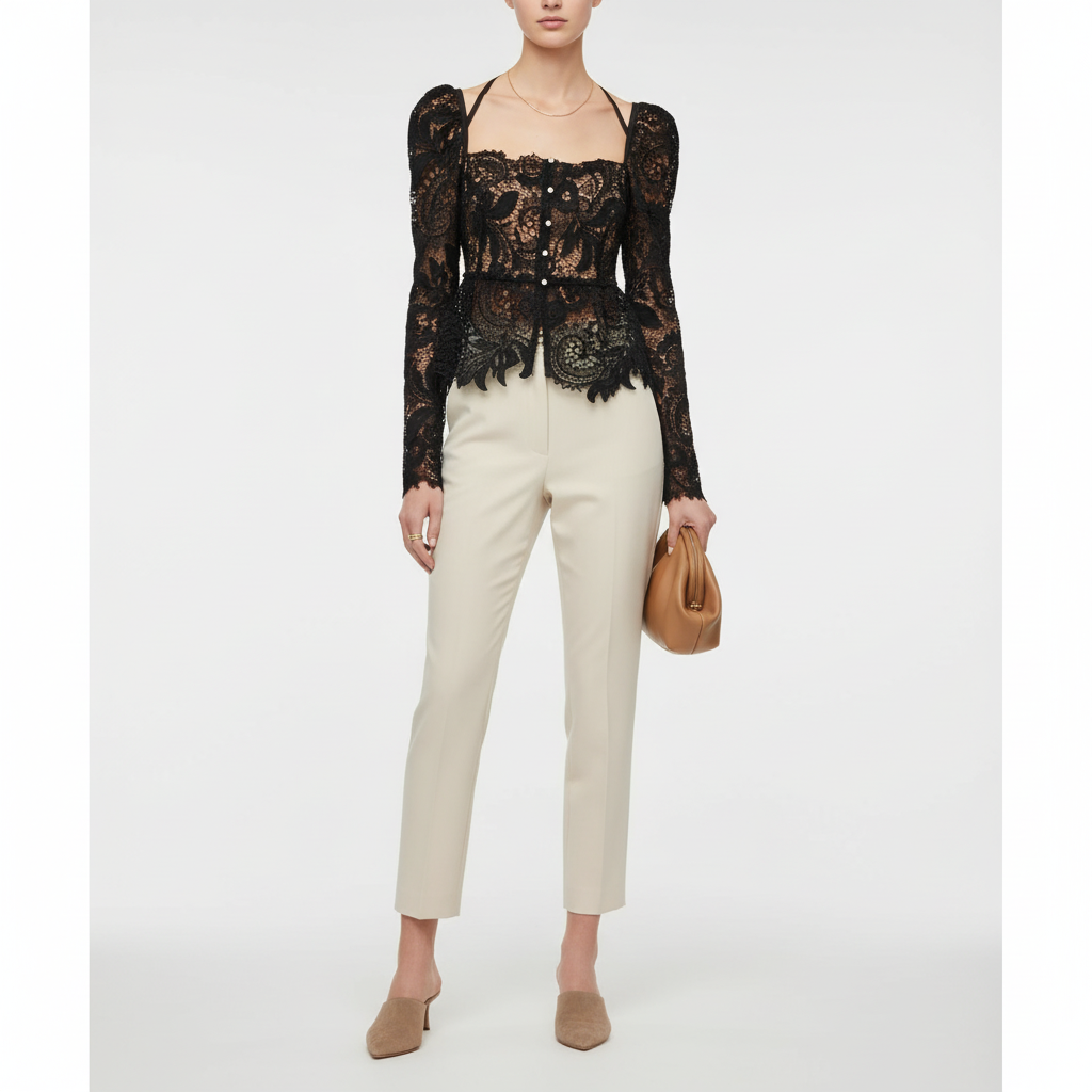 French-Style Square Neck Lace Blouse