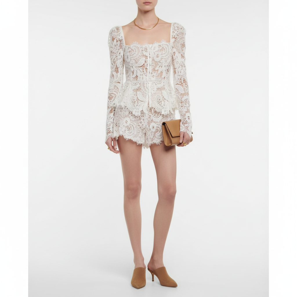 French-Style Square Neck Lace Blouse