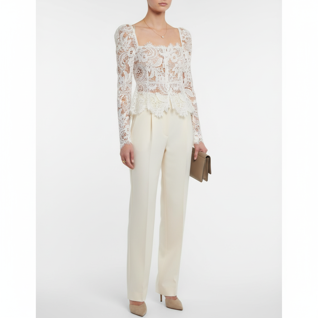 French-Style Square Neck Lace Blouse